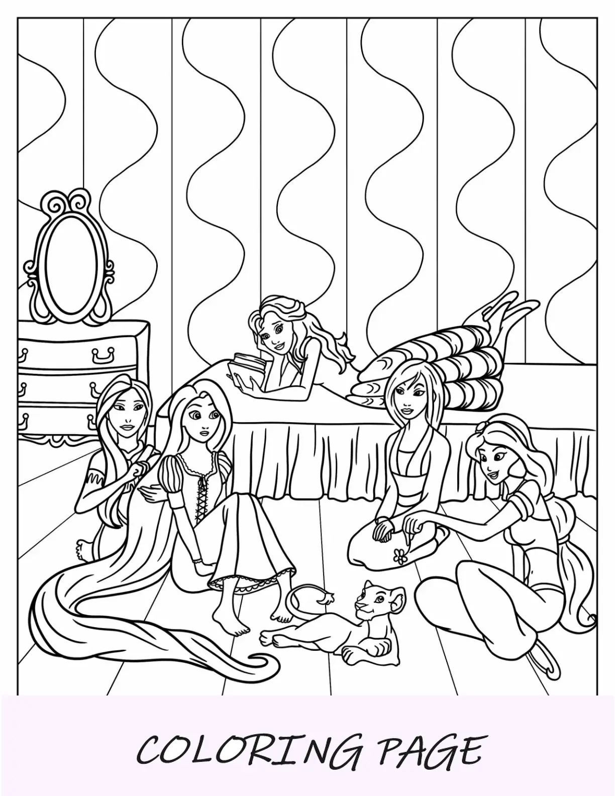 Página para colorir da festa do pijama da princesa da Disney