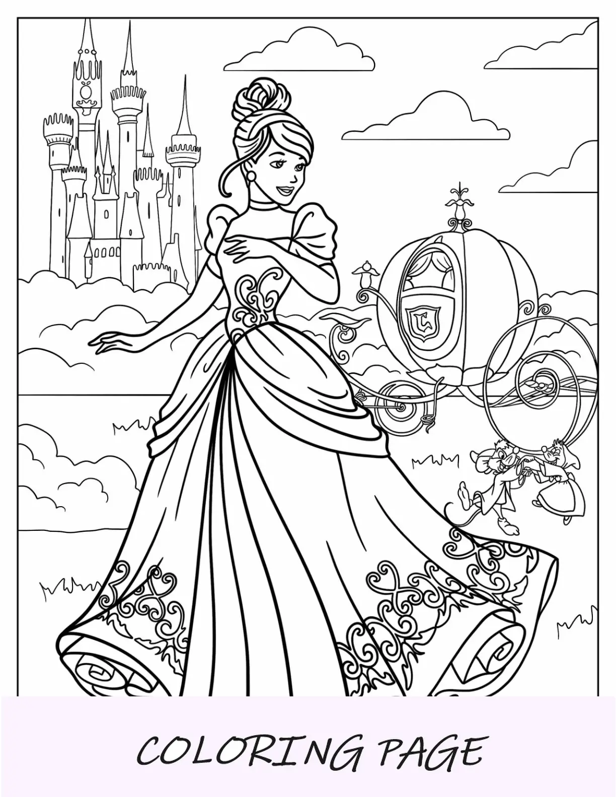 Página para colorir da princesa da Disney com Cinderela detalhada com carruagem de abóbora
