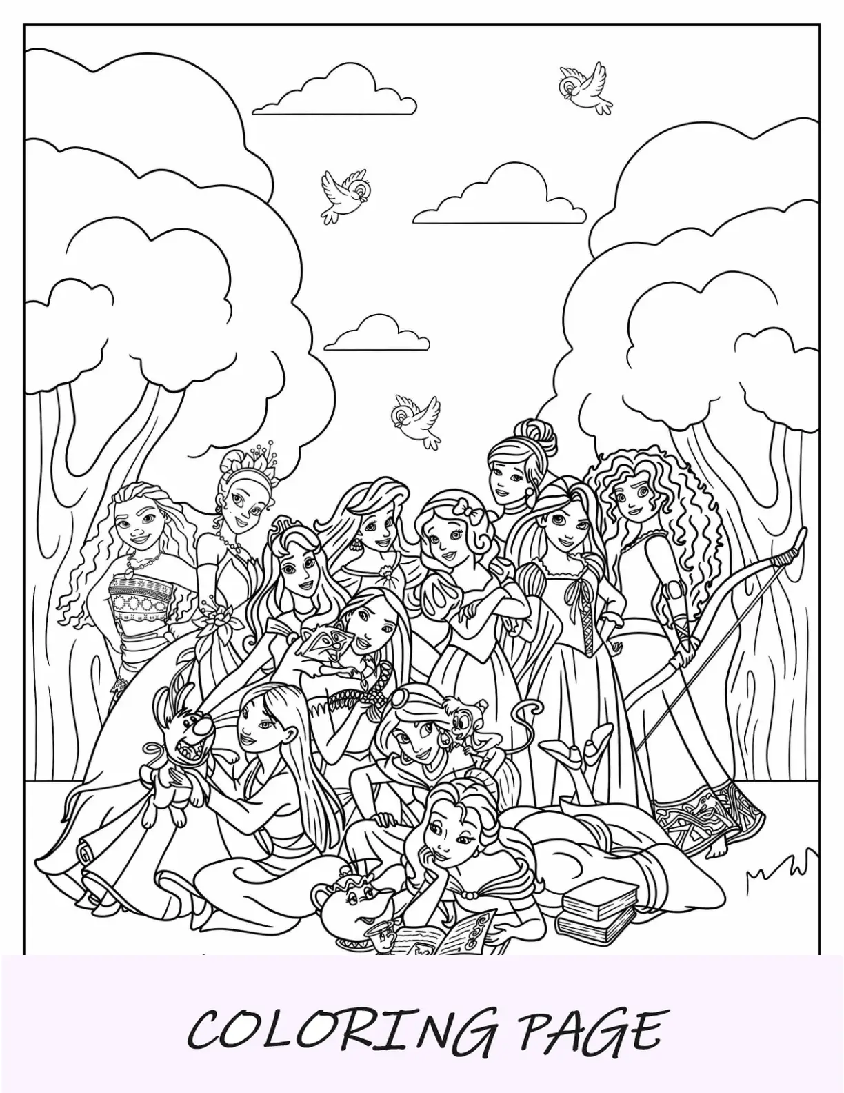 Página para colorir das princesas da Disney Moana, Aurora, Tiana, Ariel, Mulan, Pocahontas, Cinderela, Mérida, Jasmine e Branca de Neve