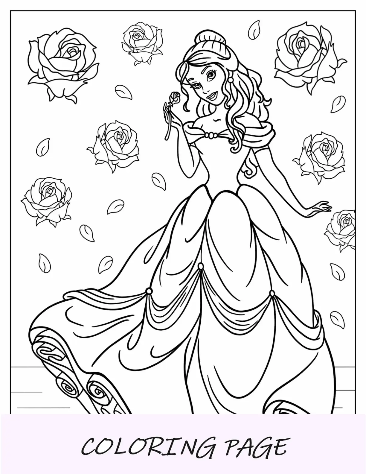 Página para colorir da princesa da Disney, Belle segurando uma rosa