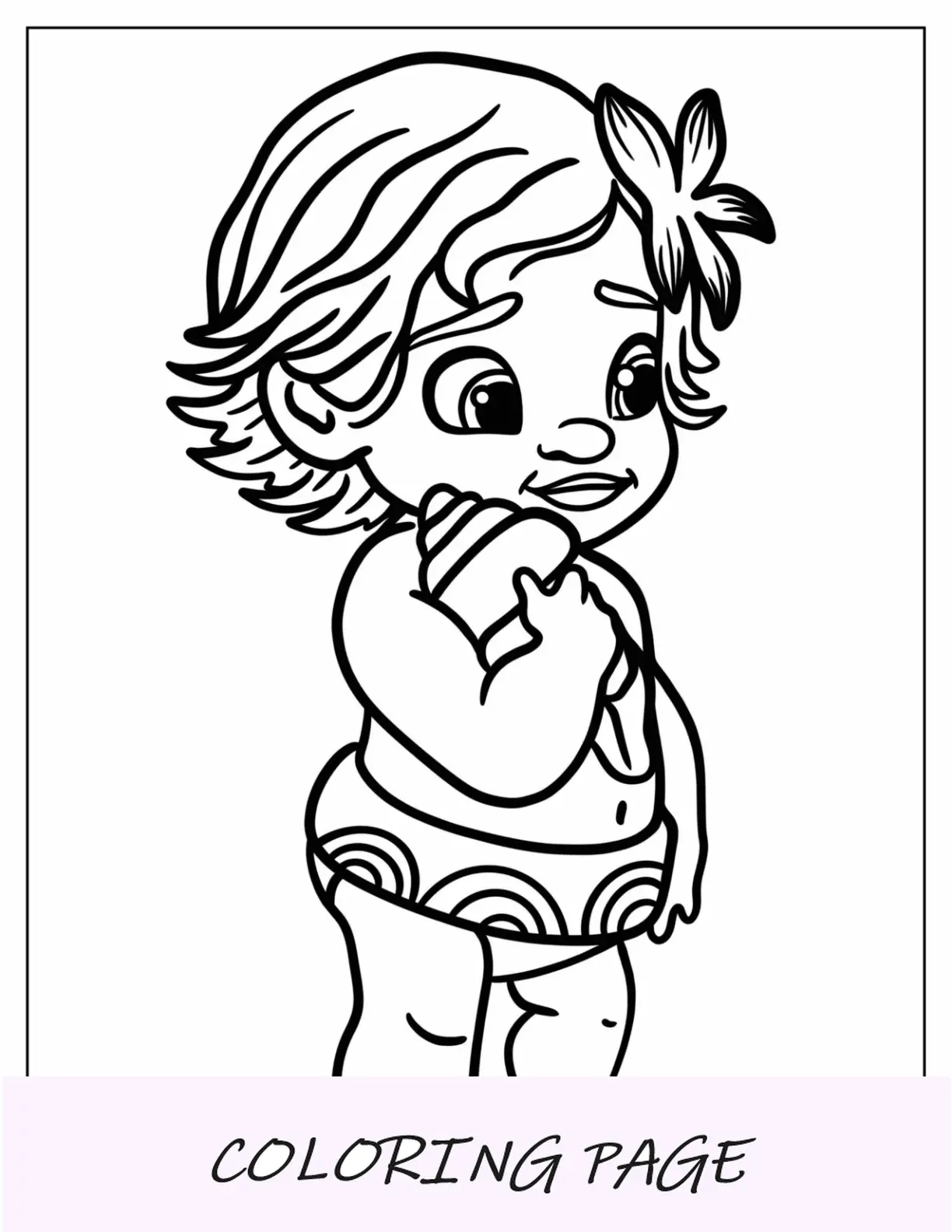 Página para colorir da princesa da Disney com a bebê Moana segurando uma concha
