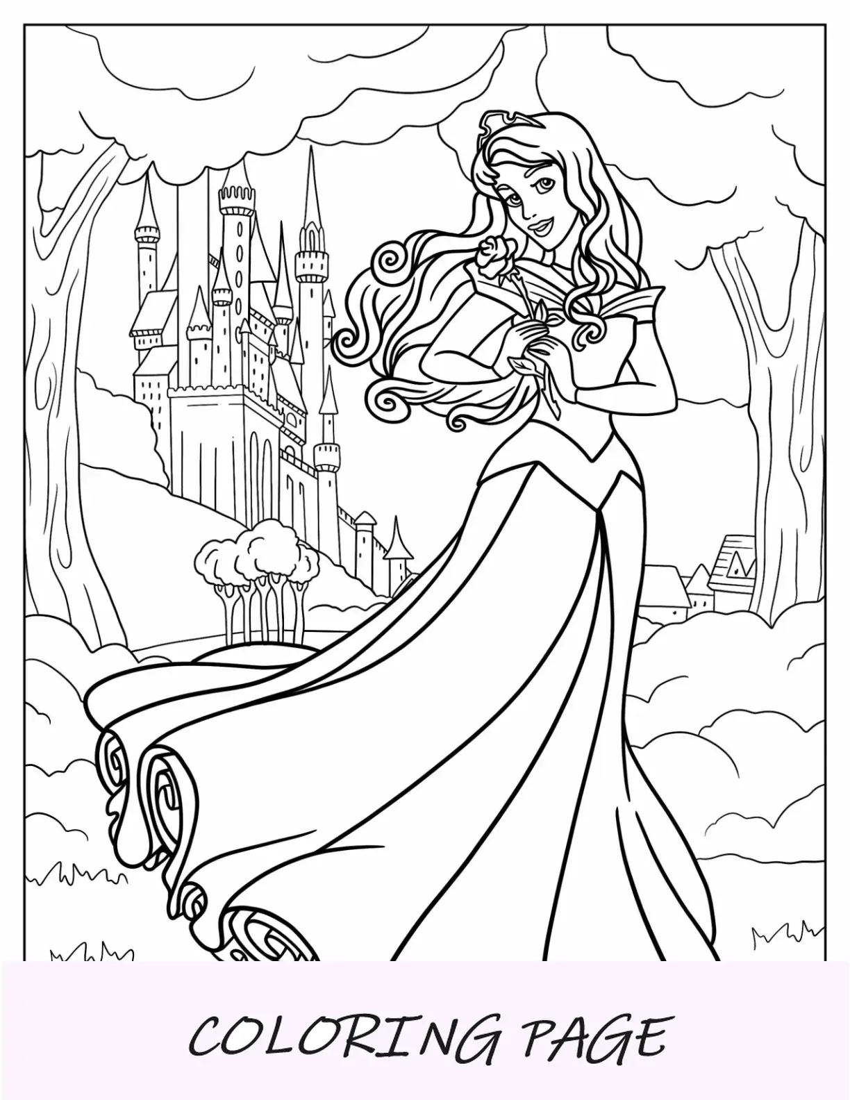 Página para colorir da princesa da Disney da Bela Adormecida Aurora na floresta