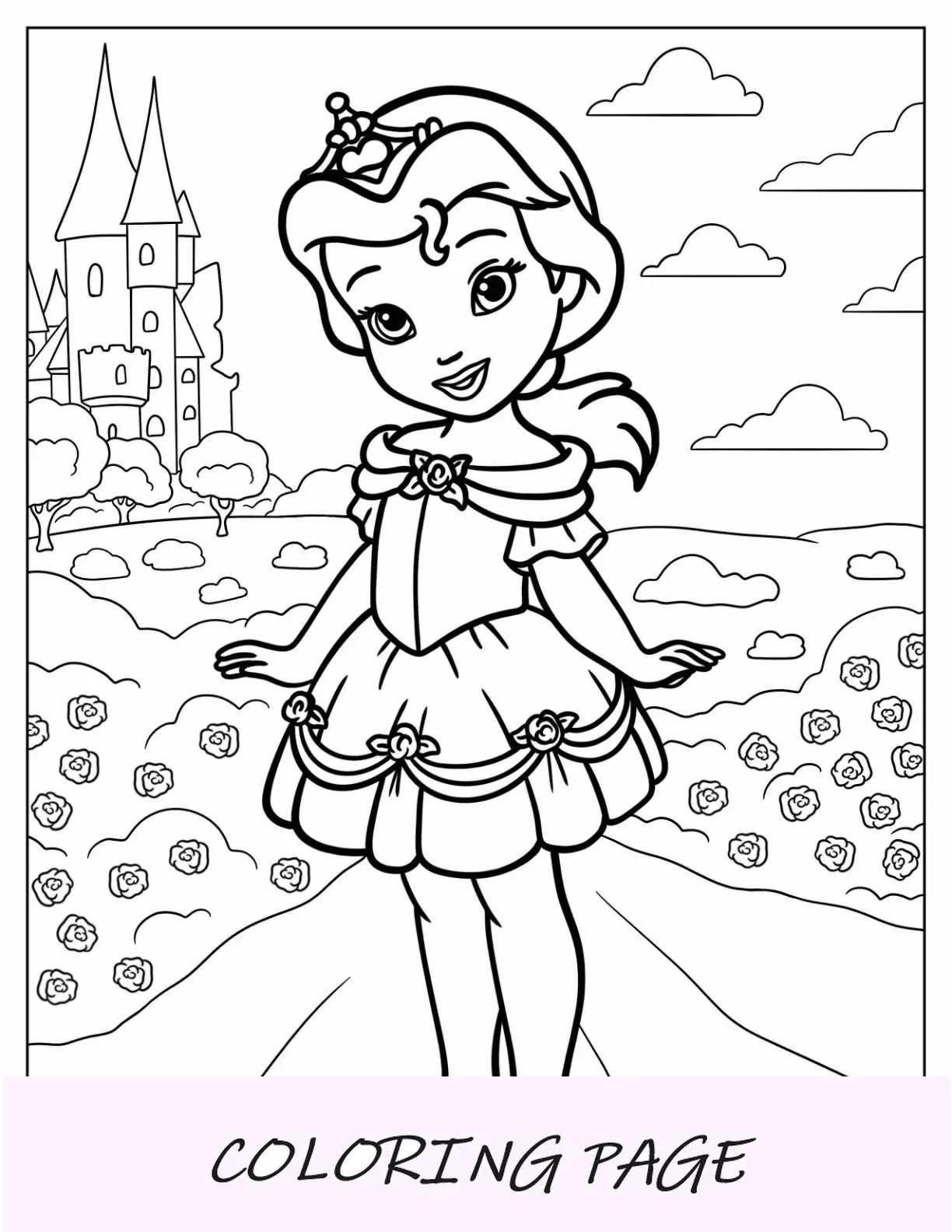 Página para colorir da princesa da Disney com a pequena Belle de vestido