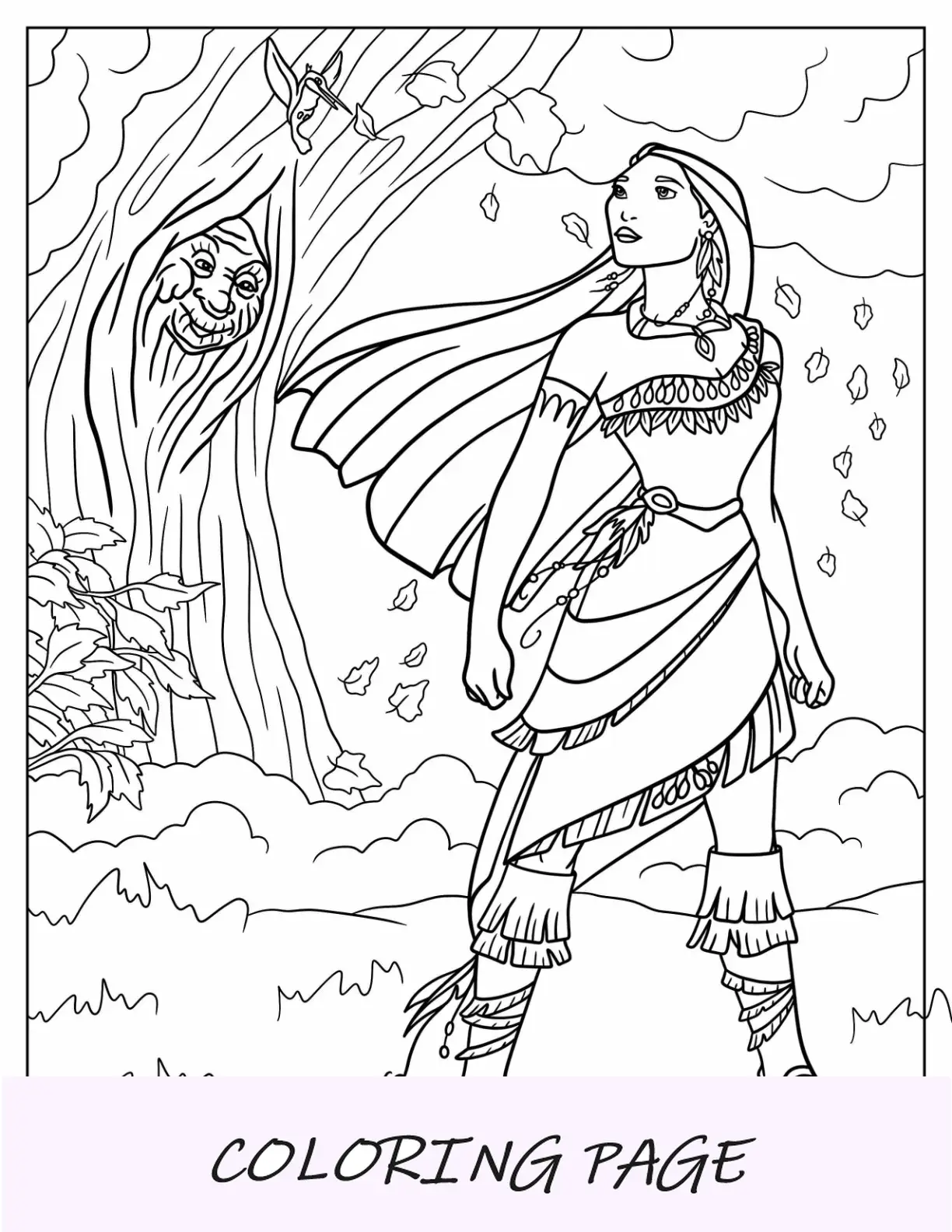 Página para colorir da princesa Disney de Pocahontas com a avó Willow