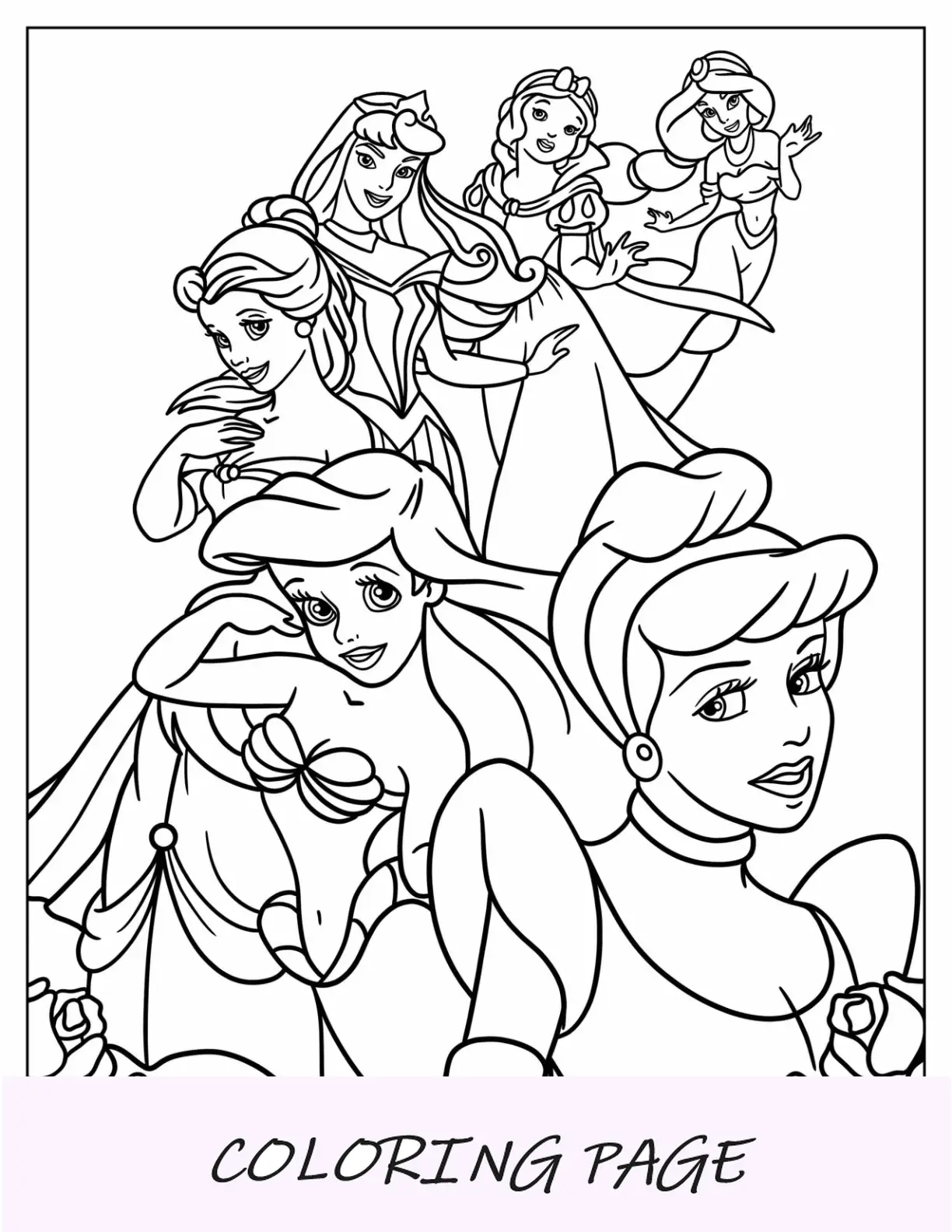 Página para colorir das princesas da Disney com Jasmim, Branca de Neve, Bela, Aurora, Ariel e Cinderela