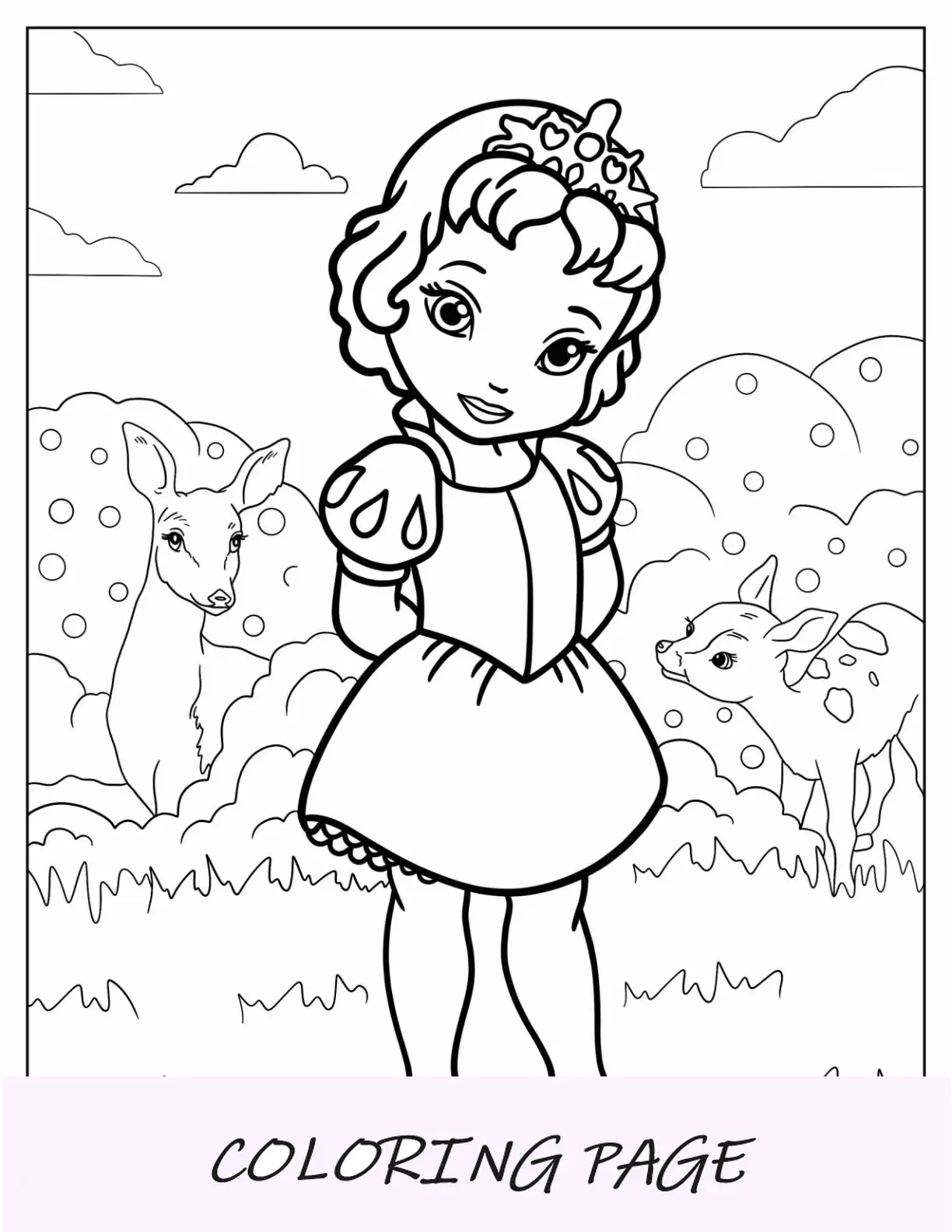 Página para colorir da princesa da Disney de Chibi Branca de Neve com amigos animais