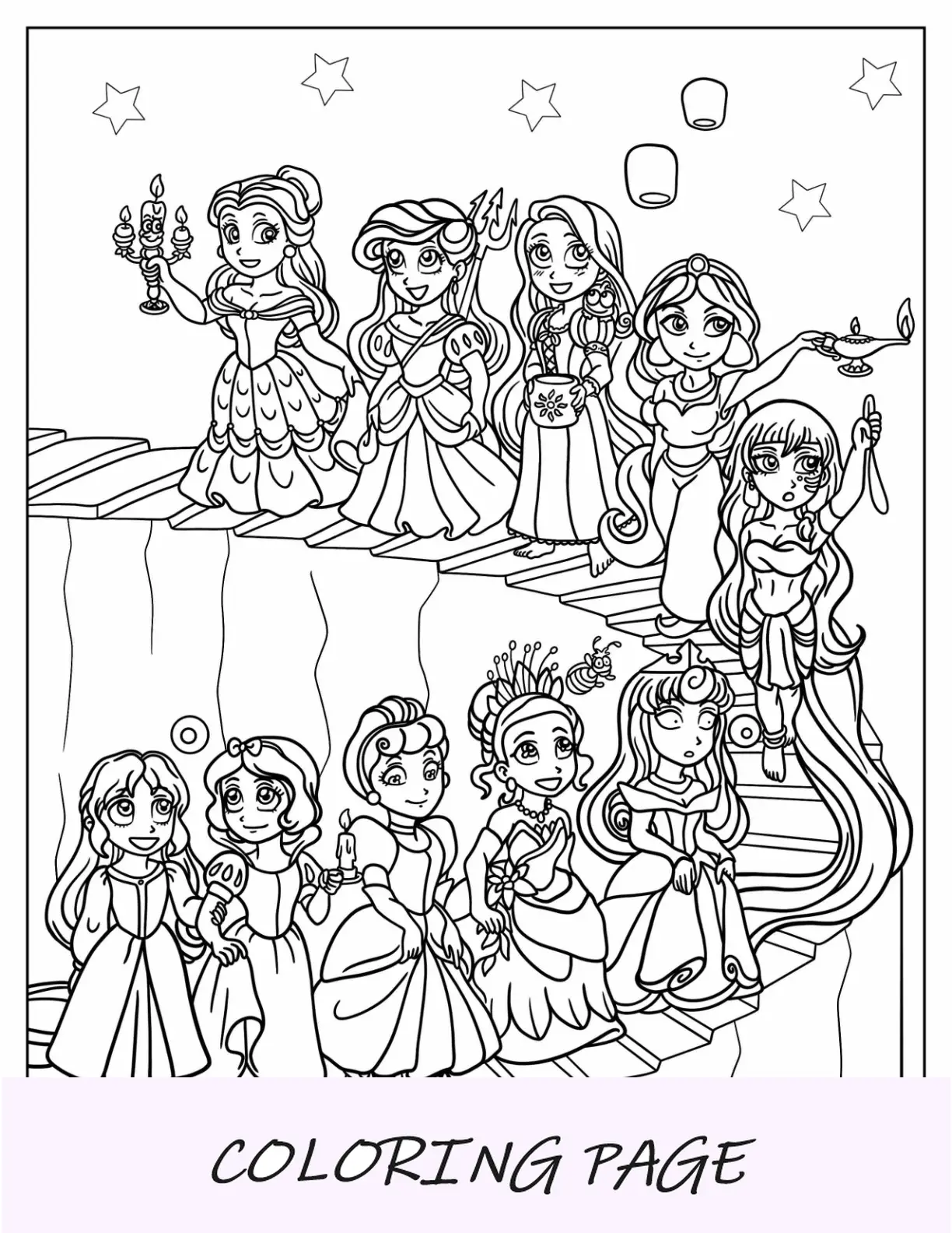 Página para colorir das princesas da Disney com versões Chibi
