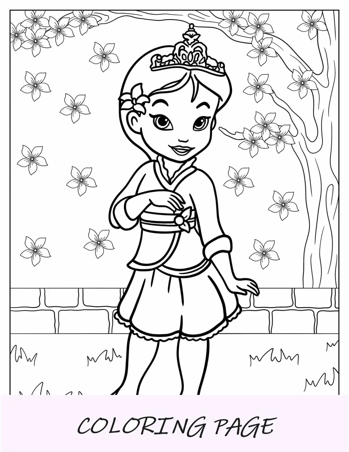 Página para colorir da princesa da Disney do jovem Mulan sob a flor de cerejeira