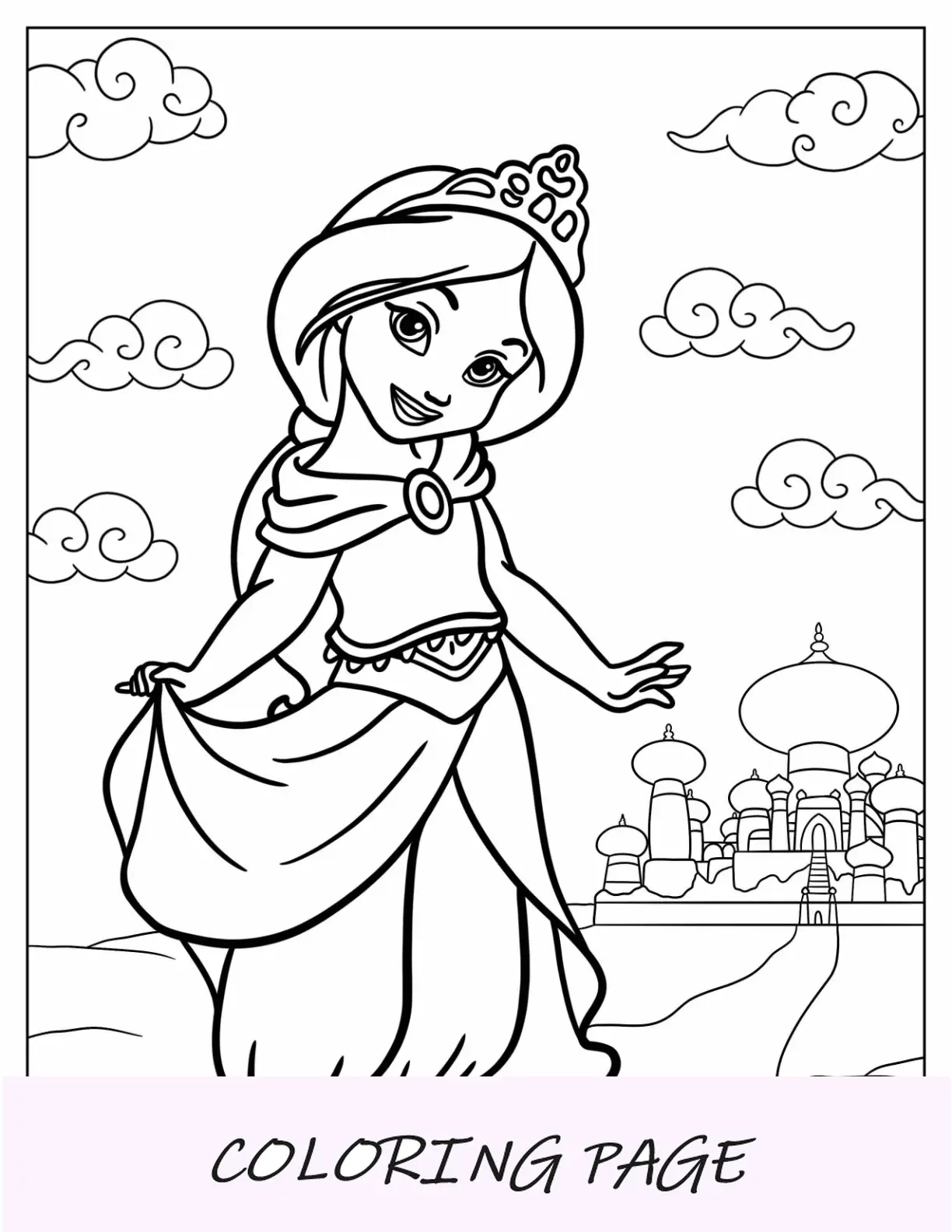 Página para colorir da princesa da Disney da jovem Jasmine