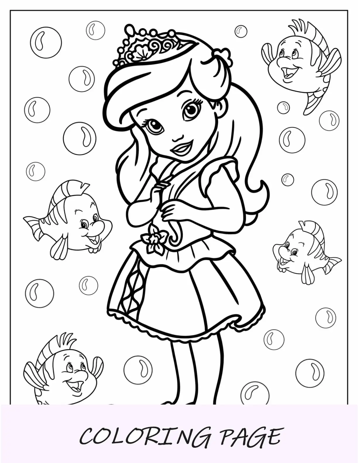 Página para colorir da princesa da Disney do jovem humano Ariel