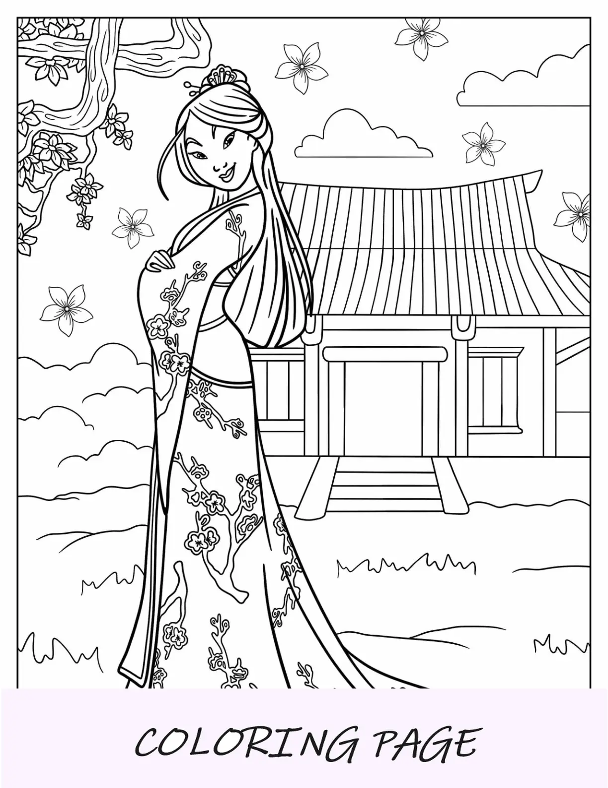 Página para colorir da princesa da Disney de Mulan em seu jardim