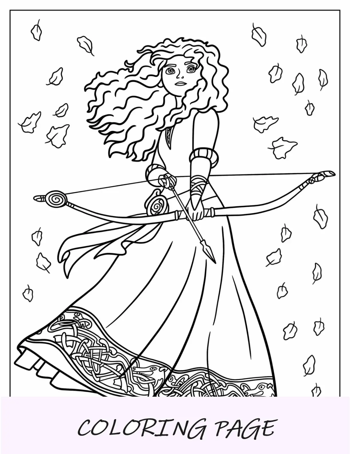 Página para colorir da princesa da Disney, Mérida, segurando arco e flecha