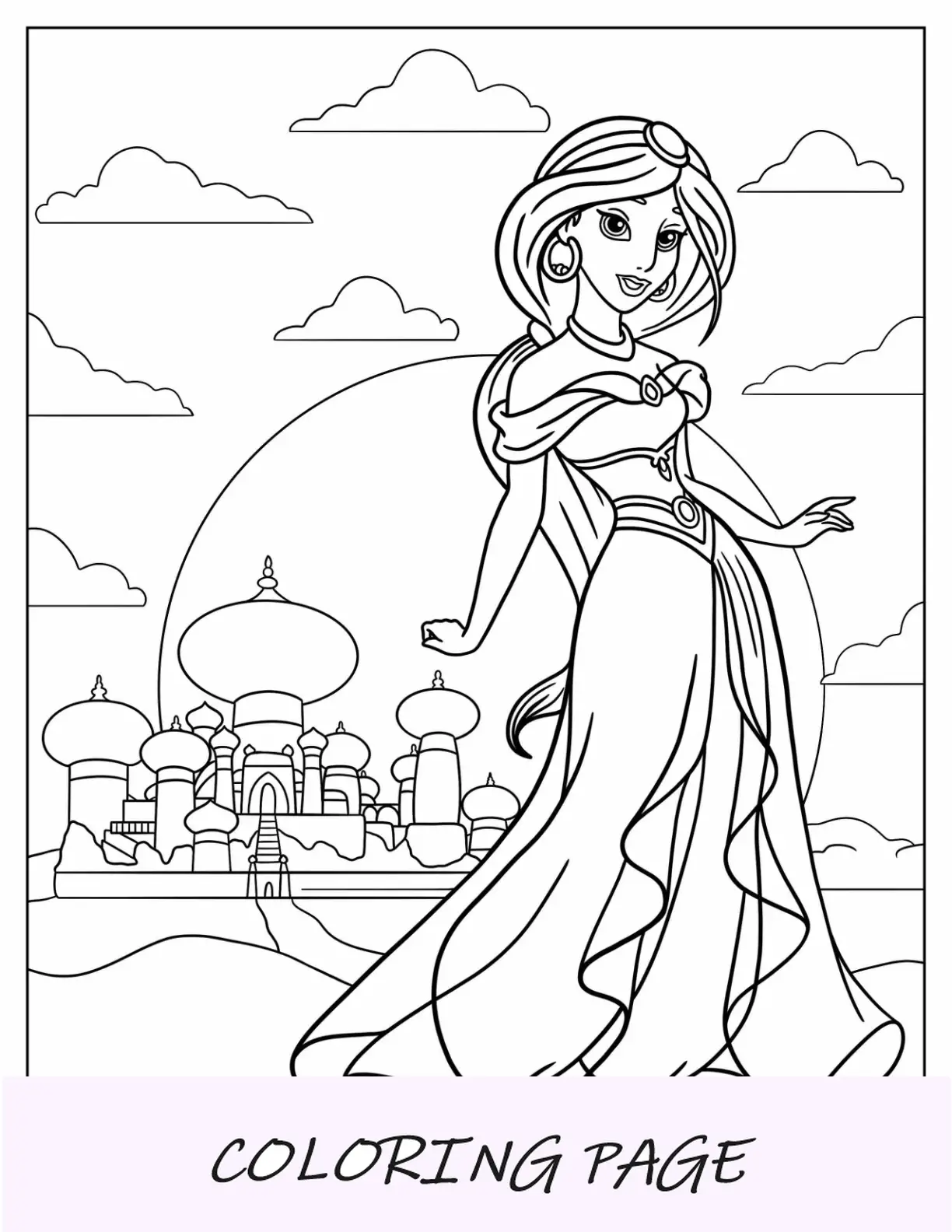 Página para colorir da princesa da Disney de Jasmine fora do palácio
