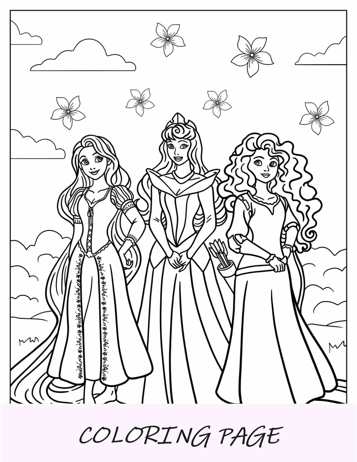 Página para colorir das princesas da Disney, Rapunzel, Aurora e Mérida