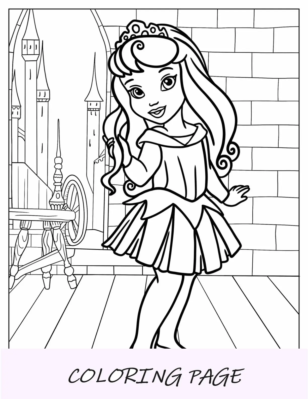 Página para colorir da princesa da Disney com a linda Bela Adormecida no castelo