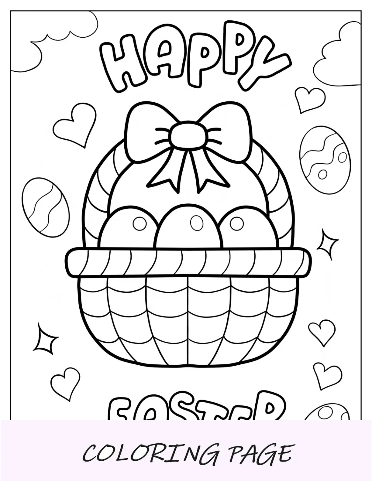 Página para colorear de feliz Pascua con huevos en una canasta para niños en edad preescolar