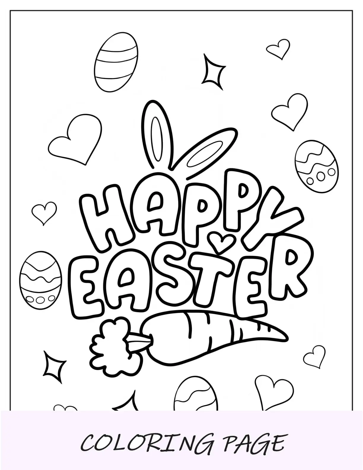 Feliz Pascua para colorear orejas de conejo, huevos y zanahoria