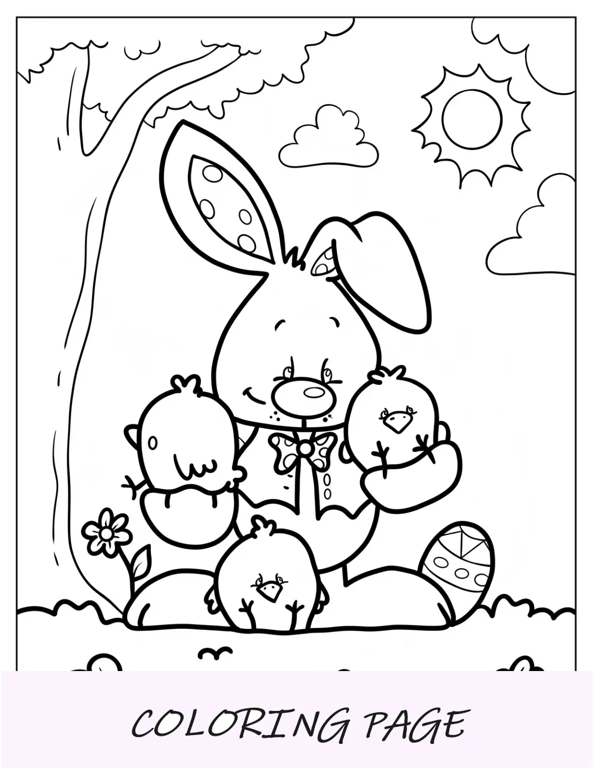 Página para colorear de Pascua de conejito sosteniendo pollitos