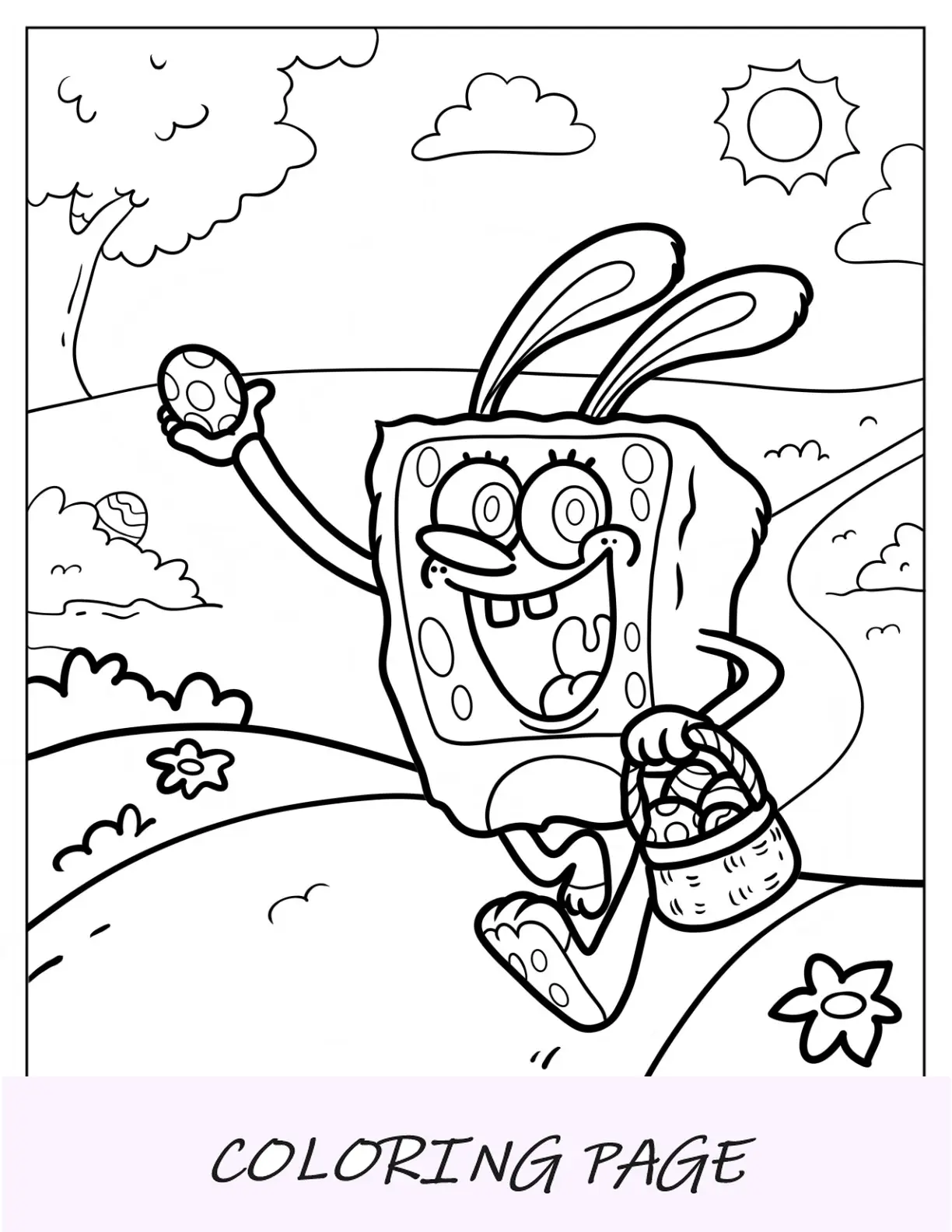 Página para colorear de Pascua de Bob Esponja disfrazado de conejito corriendo con huevos de Pascua