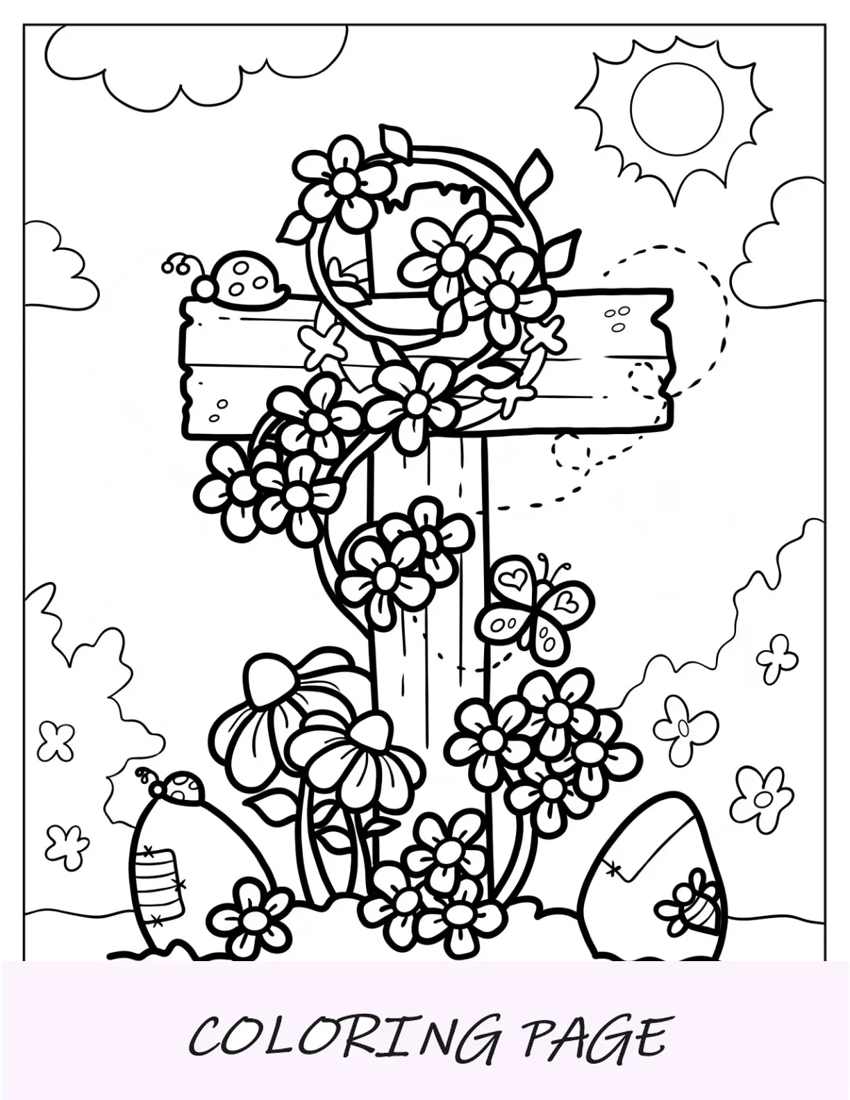 Página para colorear de Pascua de la cruz de Pascua con flores en un campo