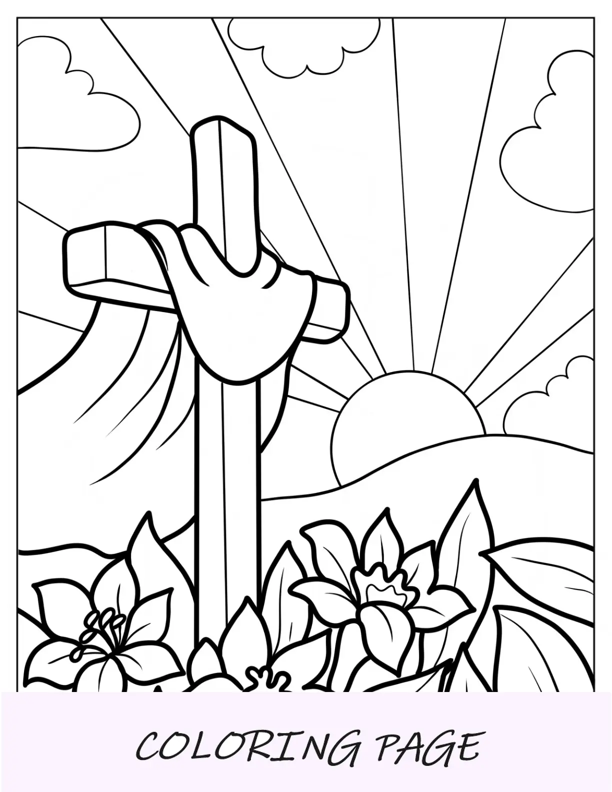 Página para colorear de Pascua de cruz con flores y sol en Pascua para niños