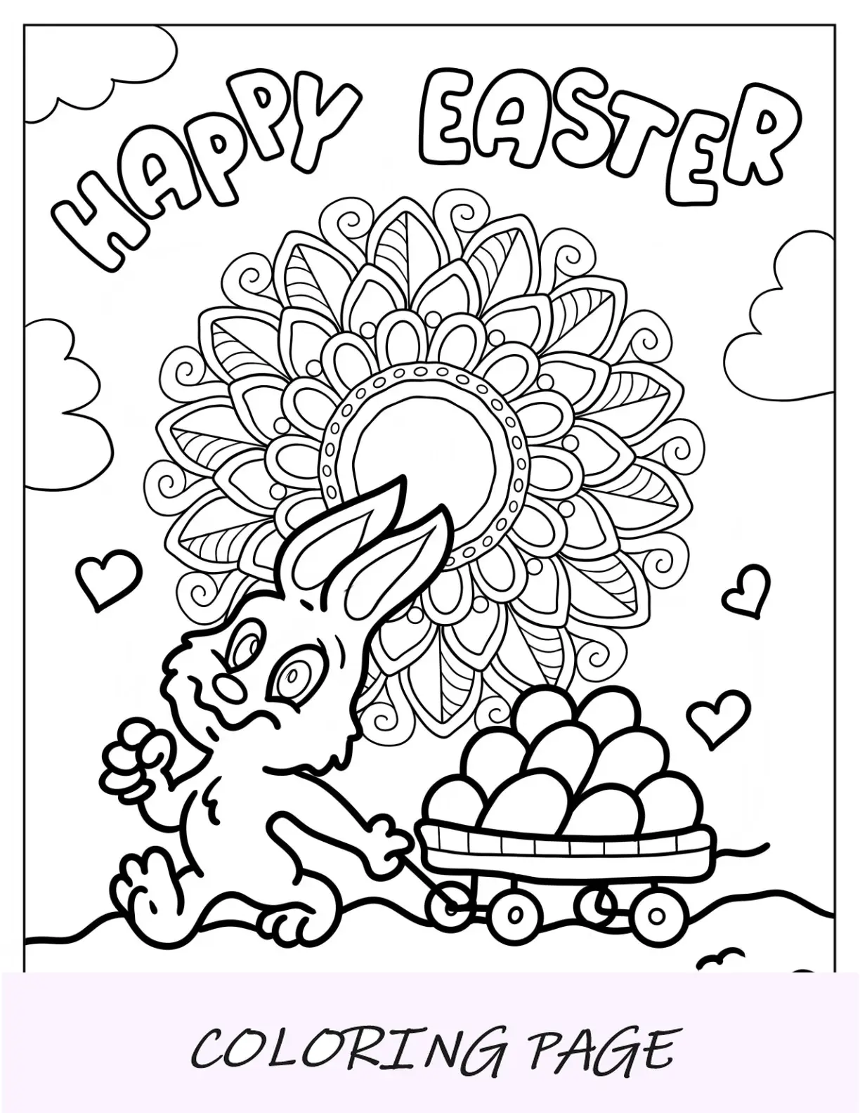 Página para colorear de Pascua de conejo tirando de una carretilla llena de huevos de Pascua