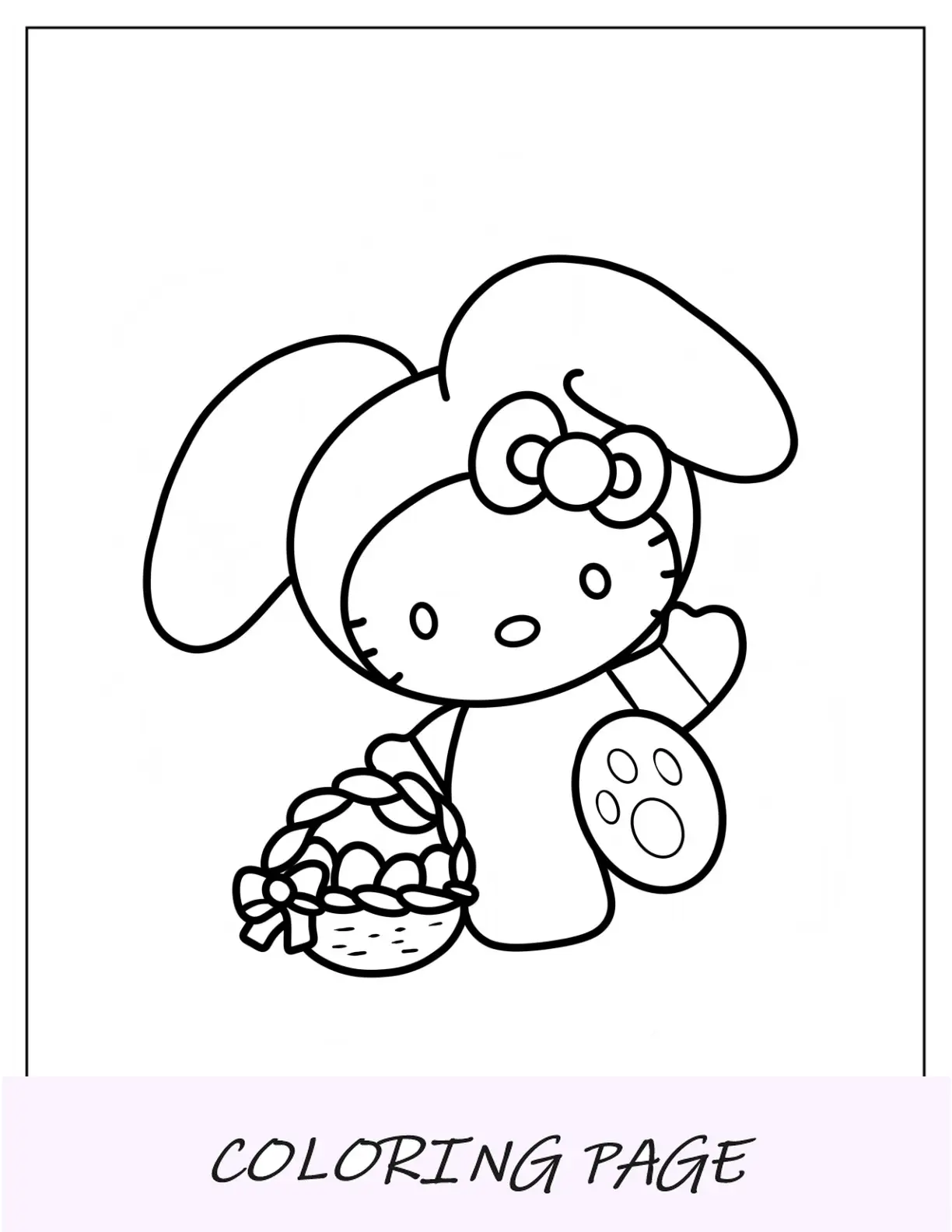 Página para colorear de Pascua de Hello Kitty caminando con una canasta de huevos de Pascua