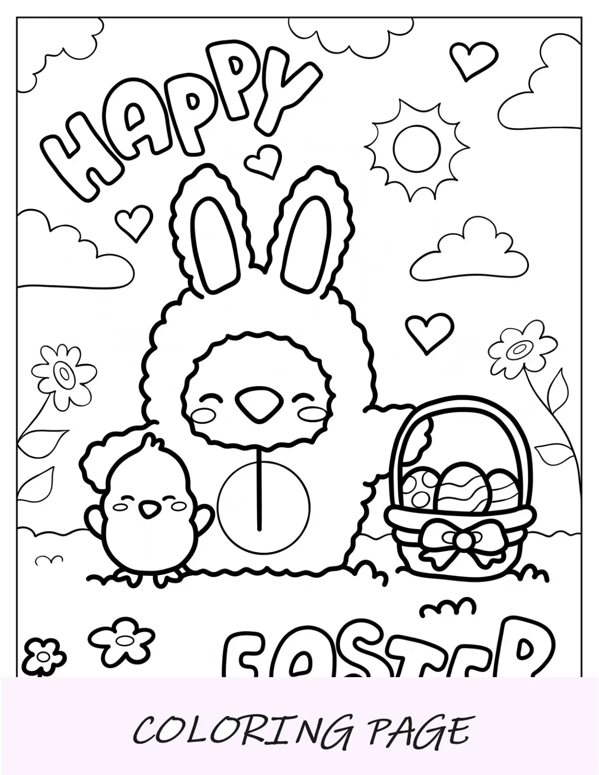 Página para colorear de Pascua de pollitos kawaii de pie junto a una canasta de huevos de Pascua para niños