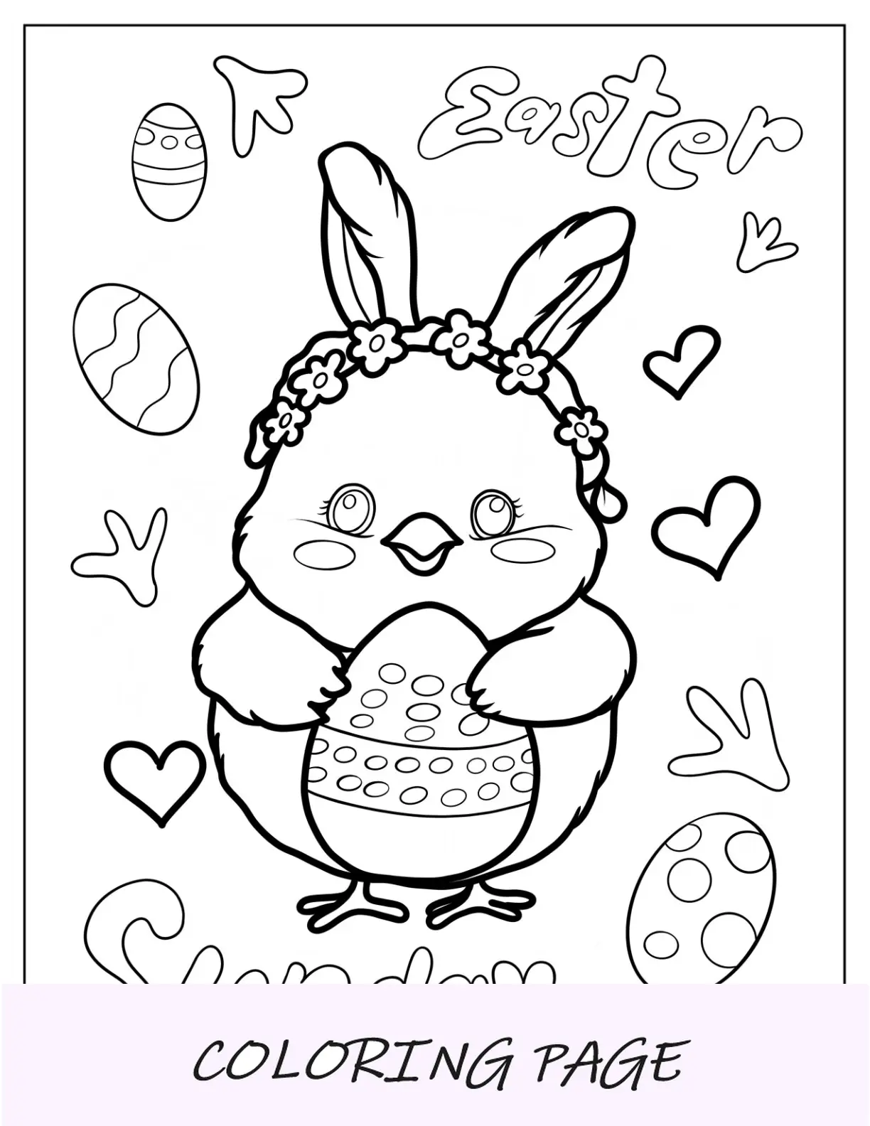 Página para colorear de Pascua de pollito kawaii sosteniendo un huevo de Pascua para niños en edad preescolar