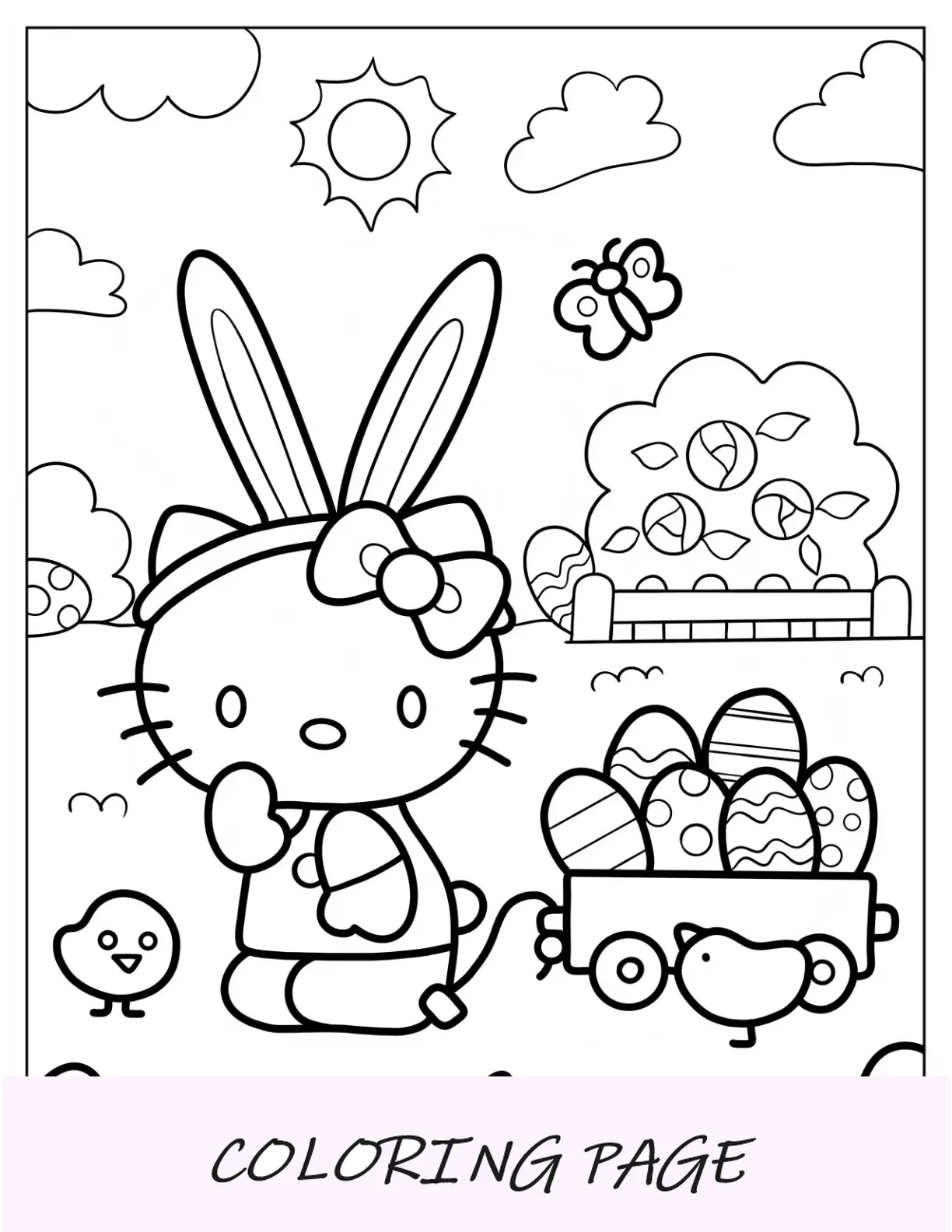 Página para colorear de Pascua de Hello Kitty tirando de una carretilla llena de huevos de Pascua para niños