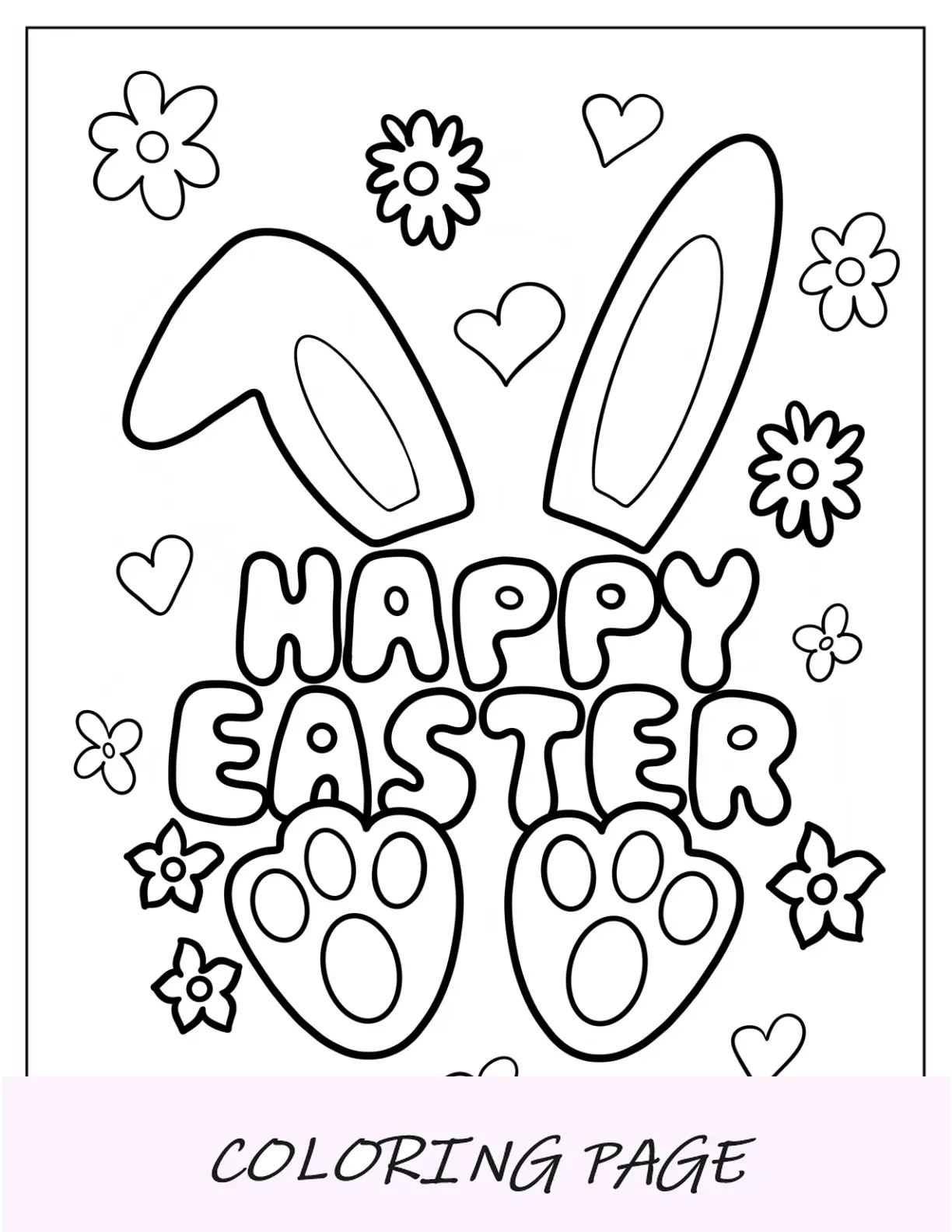 Página para colorear de feliz Pascua con orejas y pies de conejo