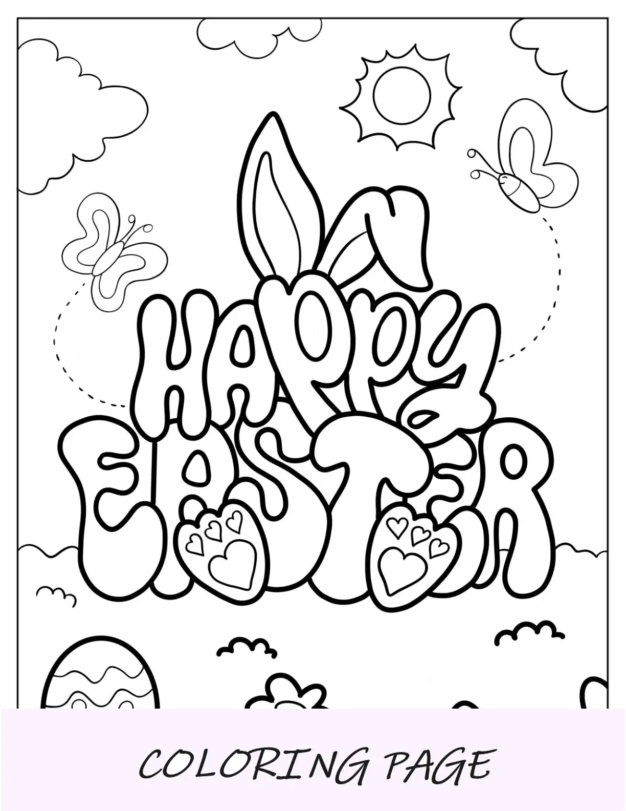 Página para colorear de feliz Pascua en el jardín con mariposas para niños