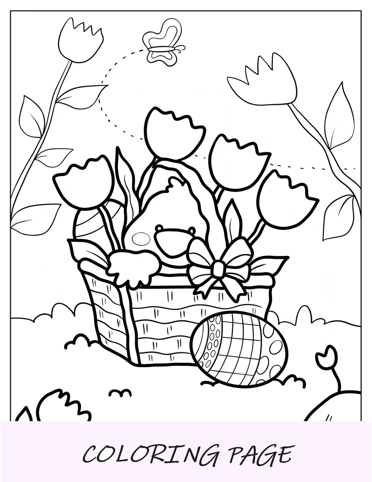 Página para colorear de Pascua de pato dentro de una canasta de flores con huevos de Pascua