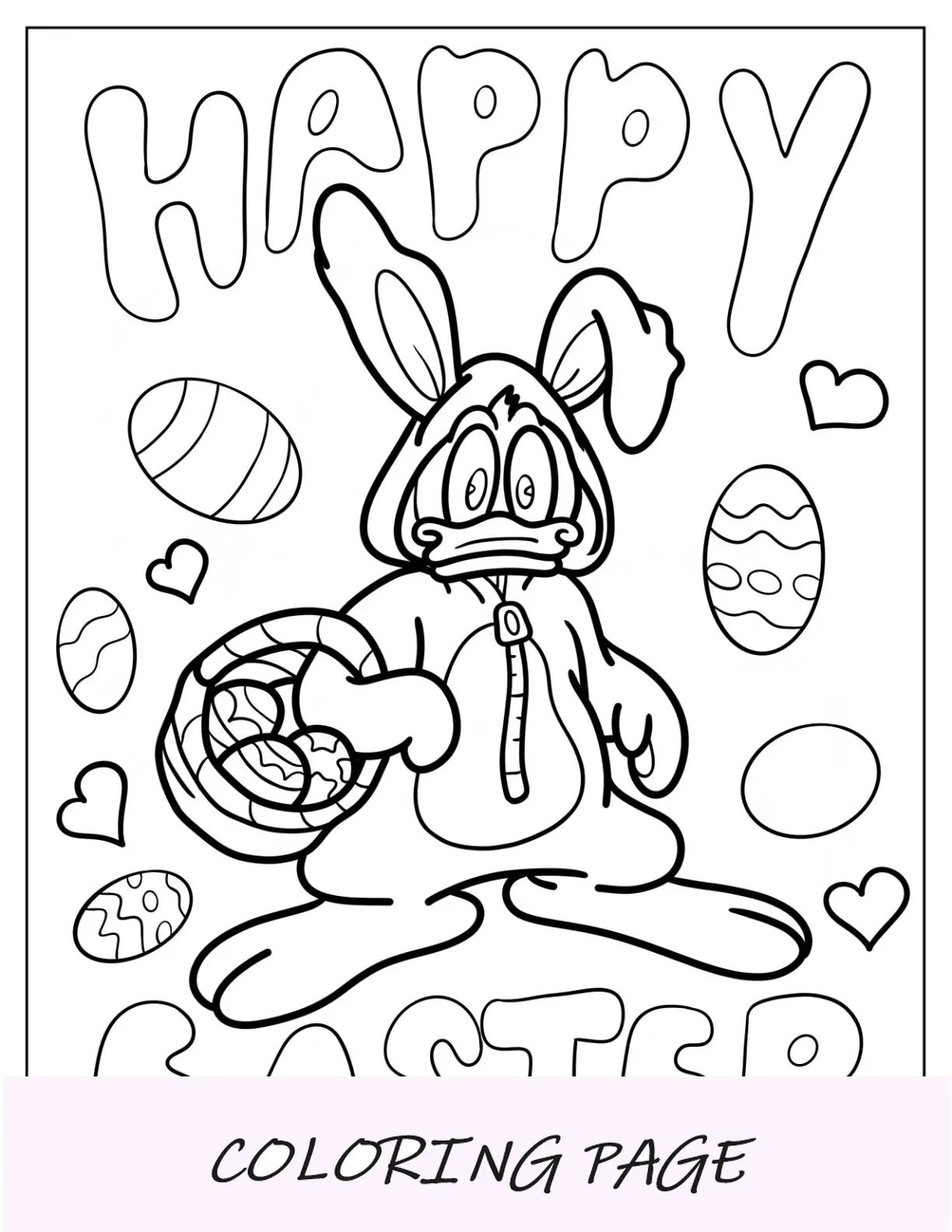 Página para colorear de Pascua del pato Donald como conejito de Pascua cargando una cesta de huevos