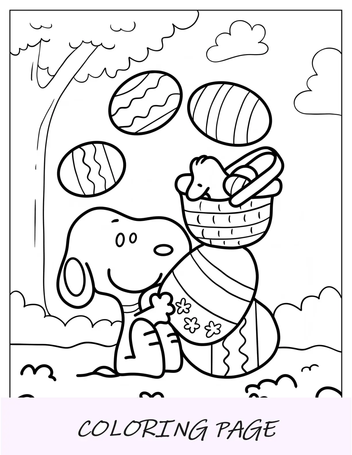 Página para colorear de Pascua de Snoopy balanceando huevos de Pascua con Woodstock en la parte superior