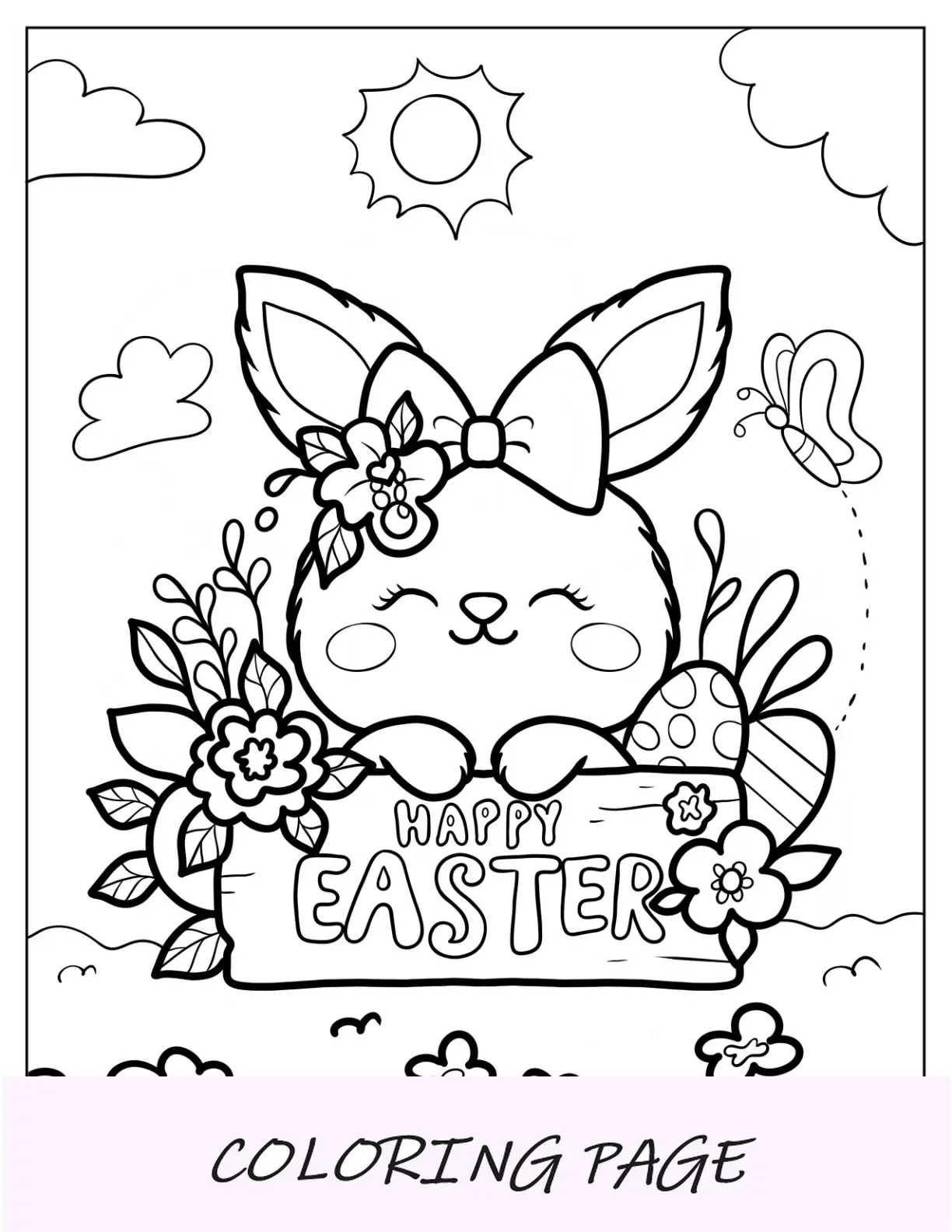 Página para colorear de Pascua de conejito sonriente sosteniendo un cartel de Feliz Pascua para niños