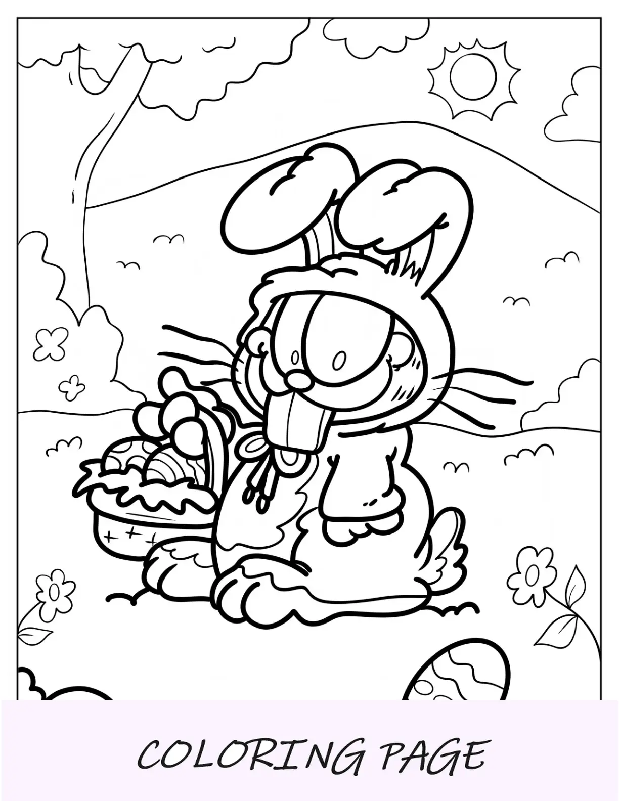 Página para colorear de Pascua de Garfield disfrazado de conejito de Pascua con una cesta de huevos de Pascua para niños