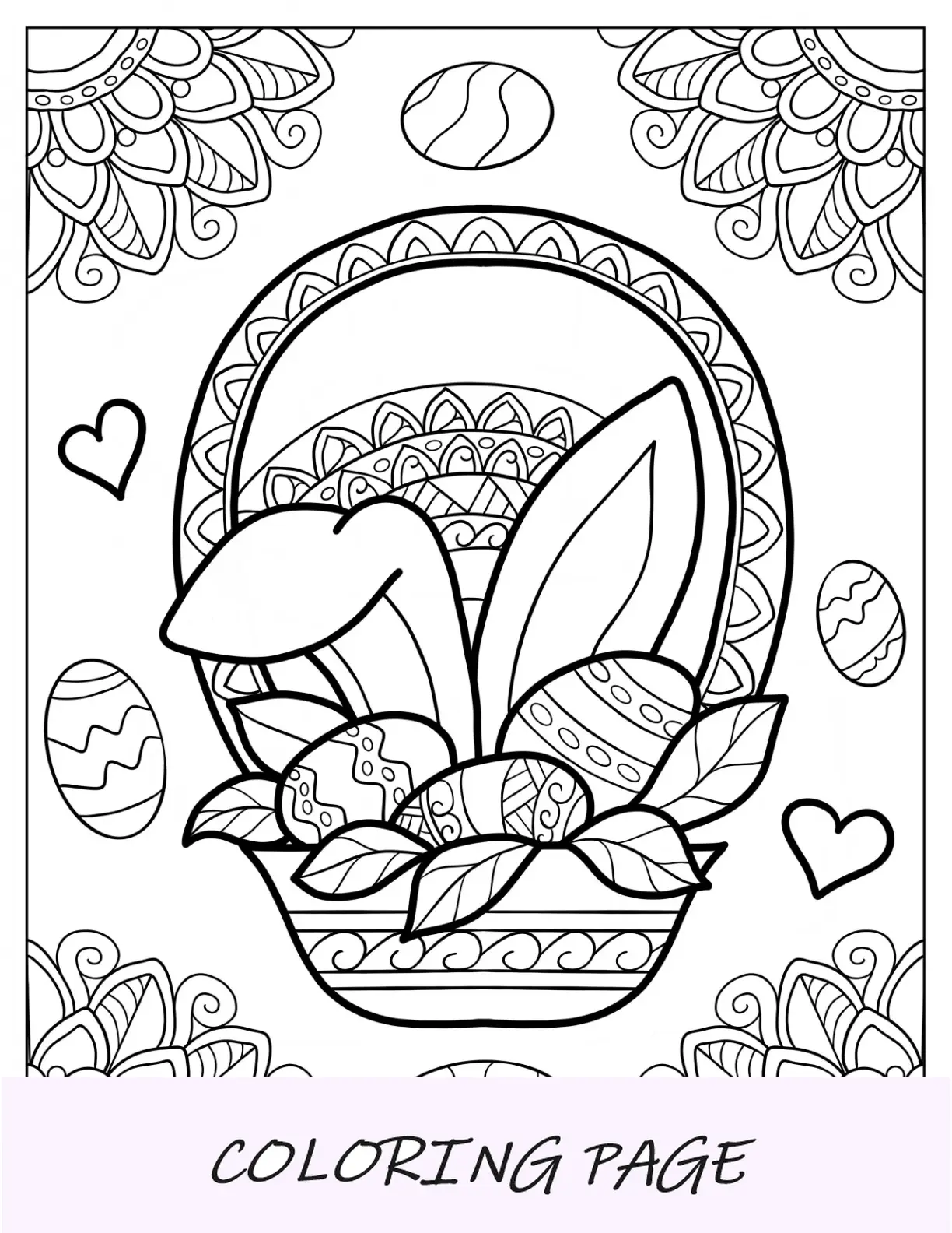Página para colorear de Pascua de canasta de huevos de Pascua con mandala de orejas de conejo