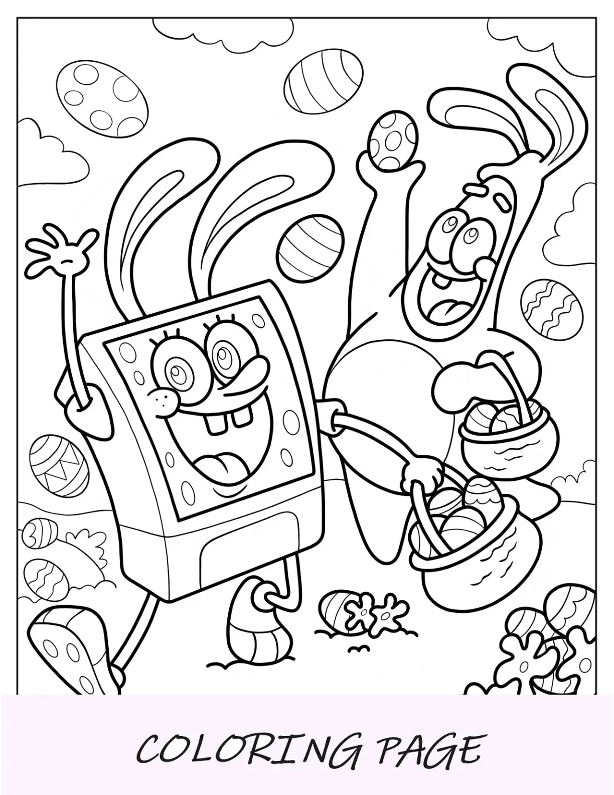 Página para colorear de Pascua de Bob Esponja y Patricio Estrella lanzando huevos de Pascua