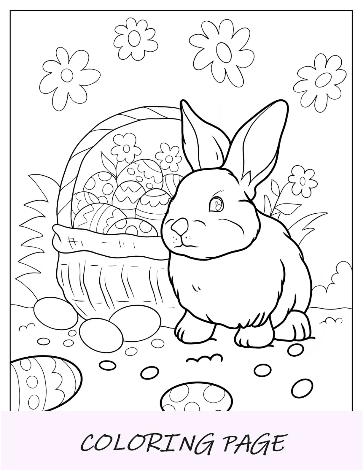 Página para colorear de Pascua de un conejito realista junto a una cesta de huevos de Pascua