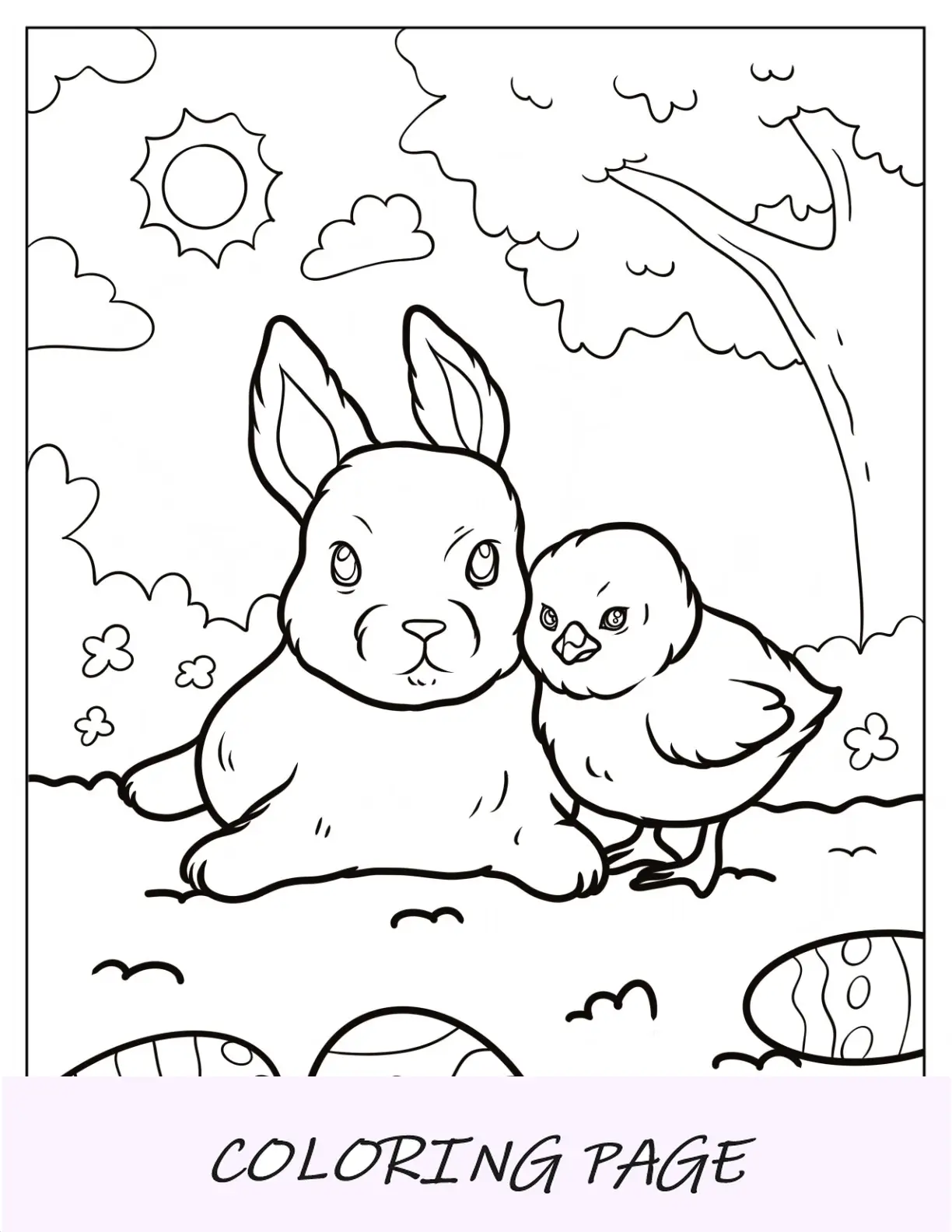 Página para colorear de Pascua de conejito y pollito realistas en la hierba con huevos de Pascua