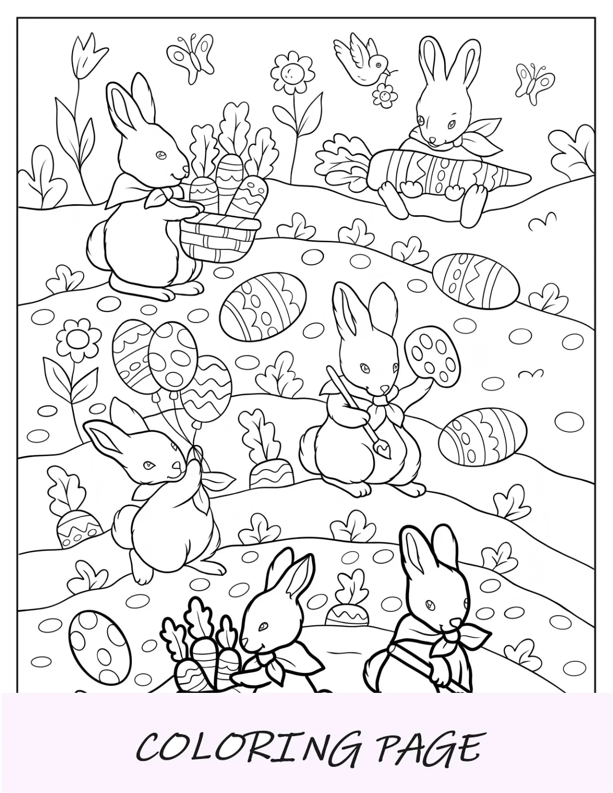 Página para colorear de Pascua de conejos cosechando zanahorias y huevos de Pascua