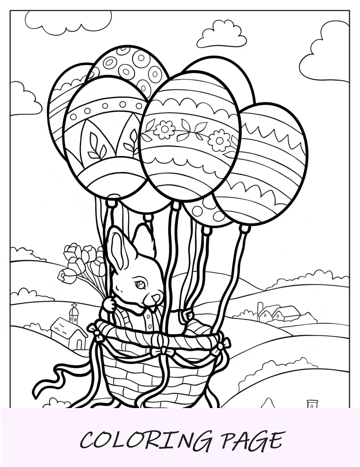 Página para colorear de Pascua de un conejo volando en un globo aerostático con huevos de Pascua