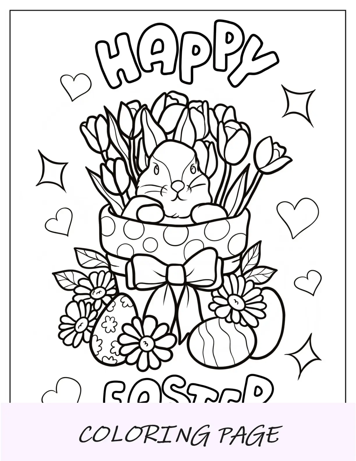 Página para colorear de Pascua de felices Pascuas con conejito en una maceta