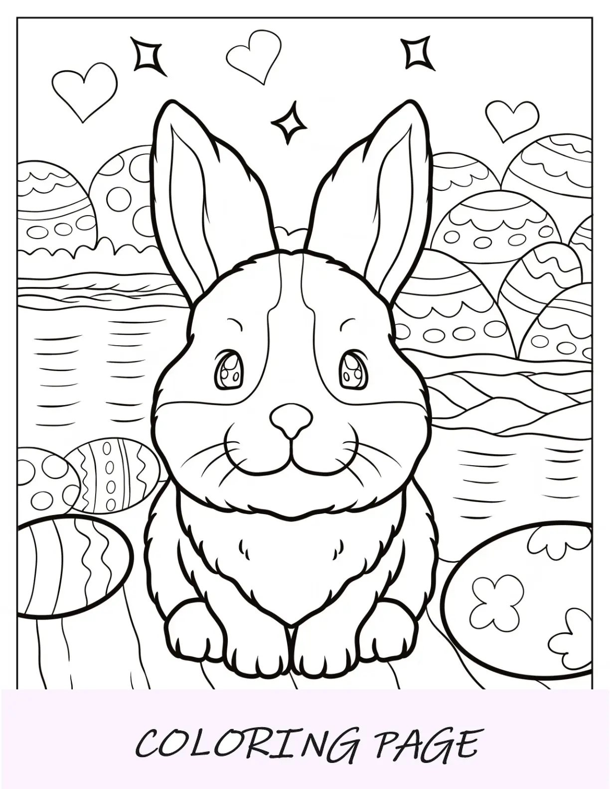 Página para colorear de Pascua de un conejo kawaii esponjoso rodeado de huevos de Pascua