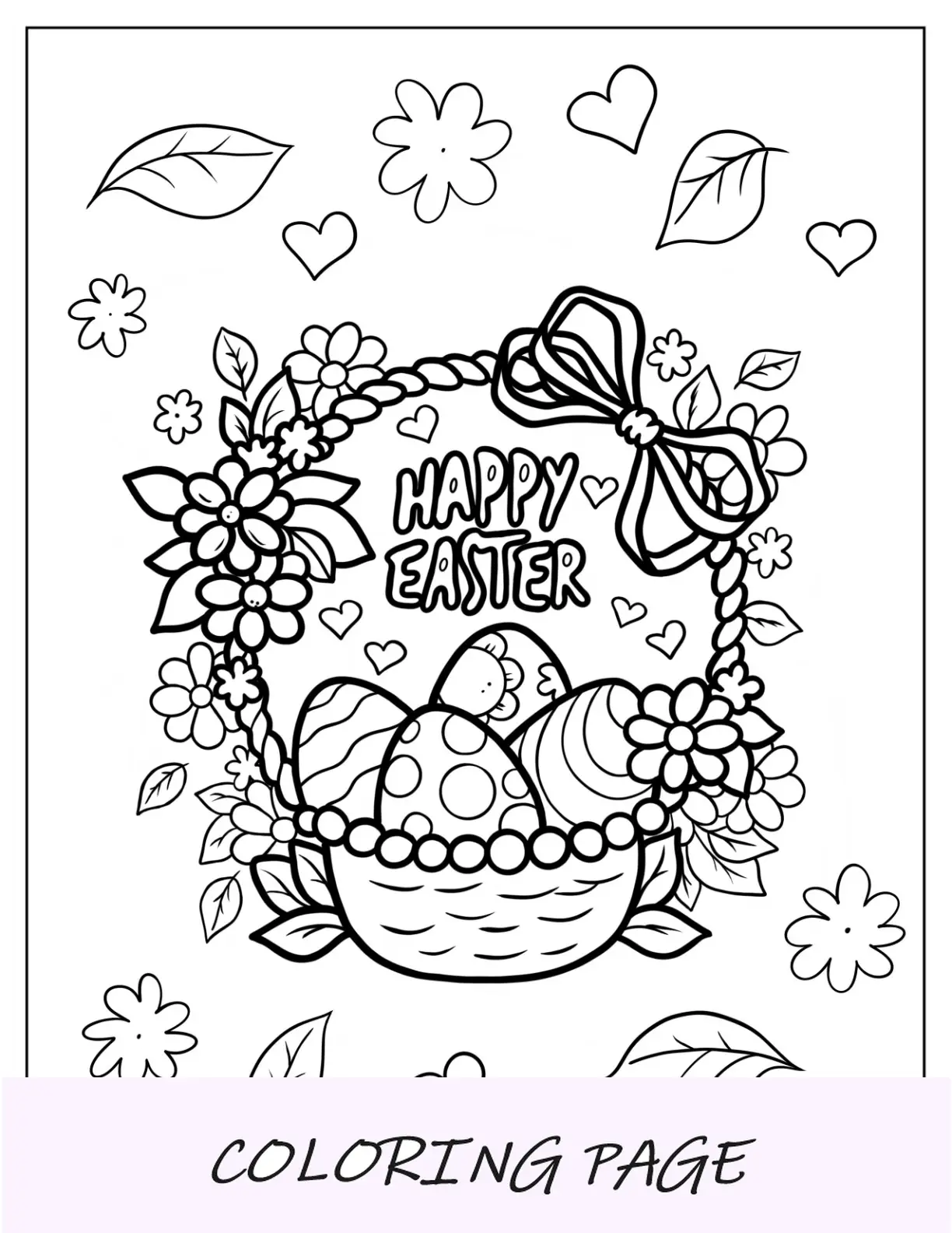 Página para colorear de Pascua de cesta floral feliz de Pascua con huevos
