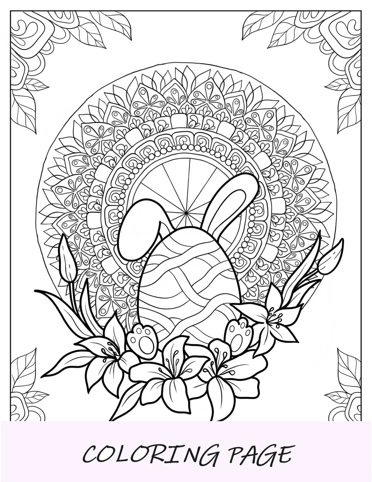 Página para colorear de Pascua de huevo de Pascua con mandala de orejas de conejo