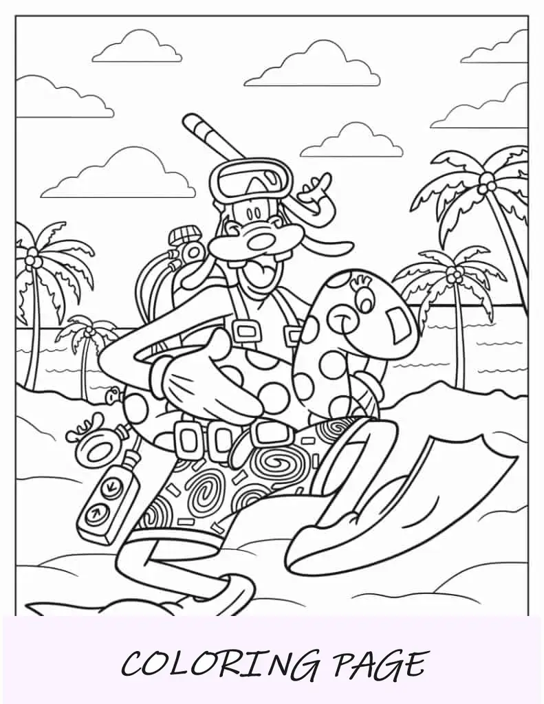 Desenho de Pateta com equipamento de mergulho na praia para colorir