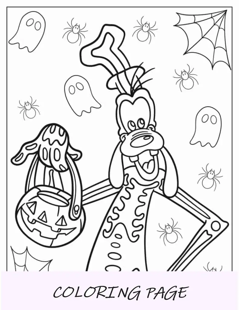Página para colorir de fantasia de pateta de Halloween com esqueleto