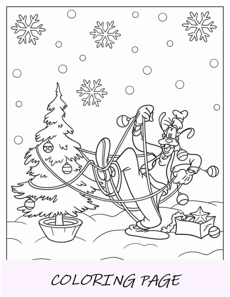 Folha para colorir do Pateta decorando uma árvore de Natal